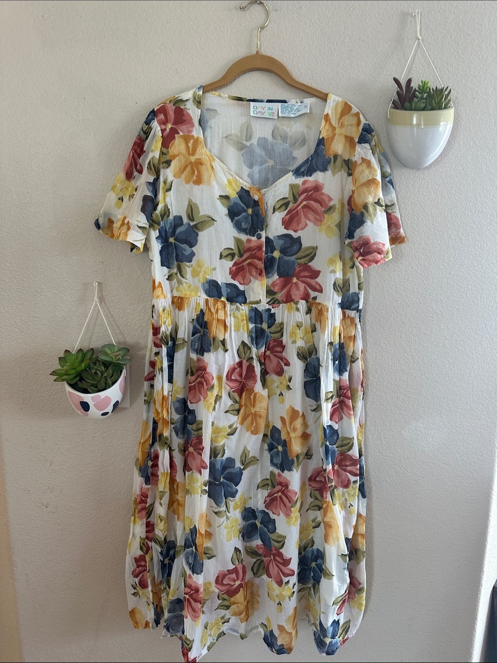 Vintage 80s 90s Floral Cotton Short Sleeve Grunge Dress Medium